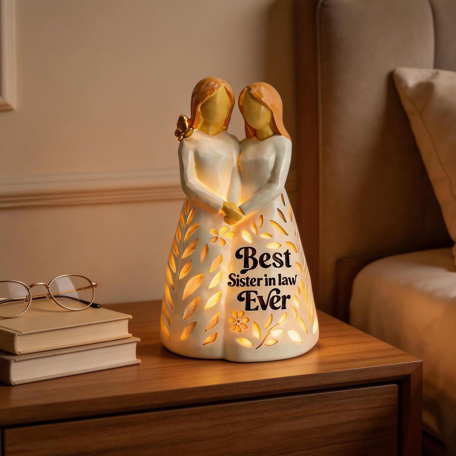 Sister in Law Gifts, Best Sister in Law Ever Figurine Light with Remote Control - Mothers Day Birthday Christmas Wedding Gifts for Women, Cream-White Resin Lamp (No Batteries Included)