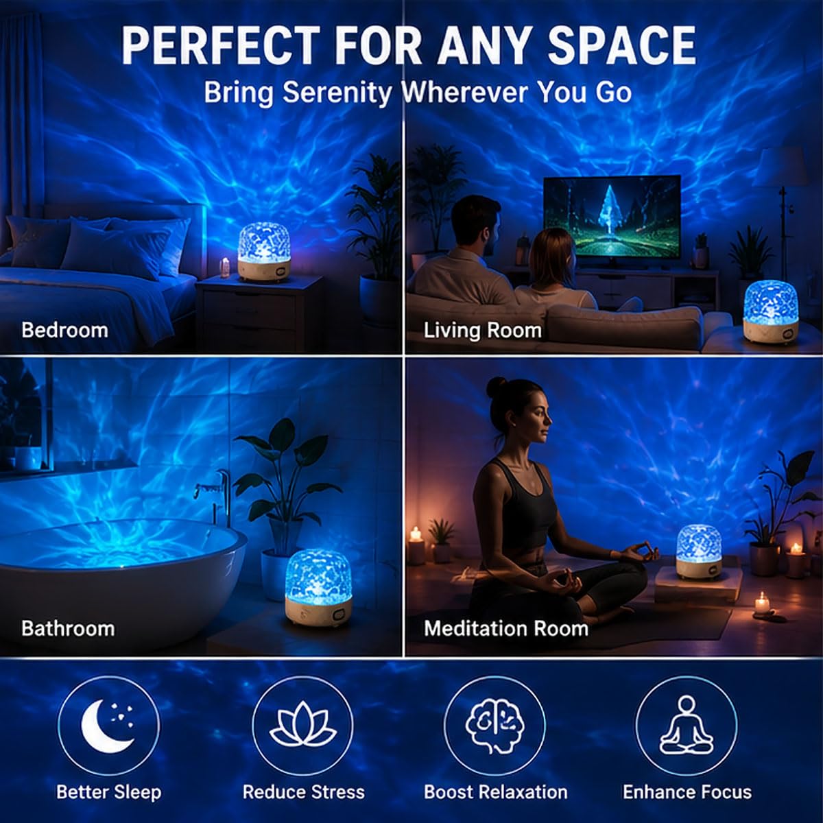 Projektor fal oceanicznych Lampka nocna, lampa prysznicowa z 16 kolorami do ładowania i 4 trybami oświetlenia, lampka nocna LED Moon do sypialni, salonu, biurka Walnut