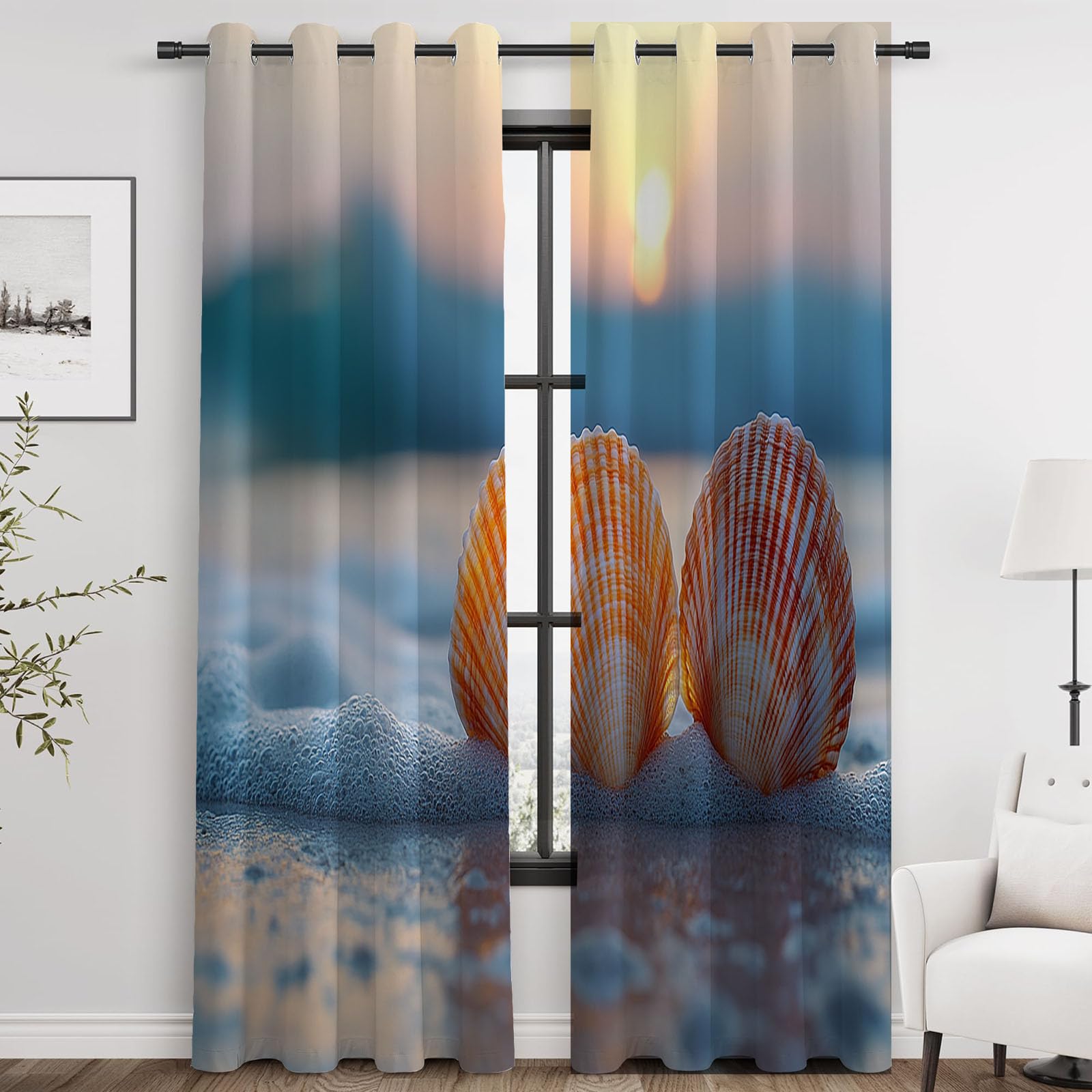 Natur Landschaft Vorhänge Wald Strand-Welle Vintage Muster Verdunkelungsvorhang Landhaus Polyester Ösenschal für Schlafzimmer Wohnzimmer-H240 x B140 cm (2er Pack)