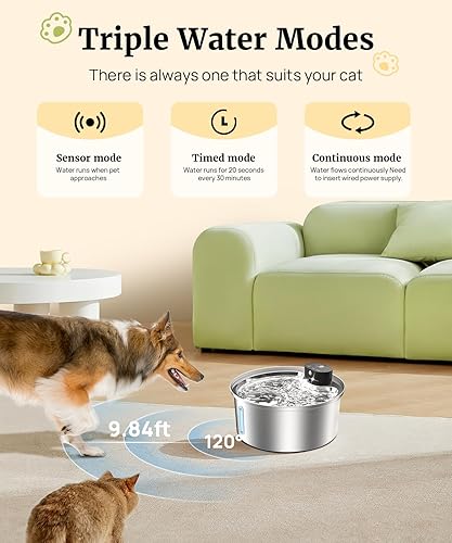 Miniatura 3 de Fuente de agua para perros grandes, dispensador automático de agua para perros de acero inoxidable 2025, 3 modos de trabajo, fuente de agua