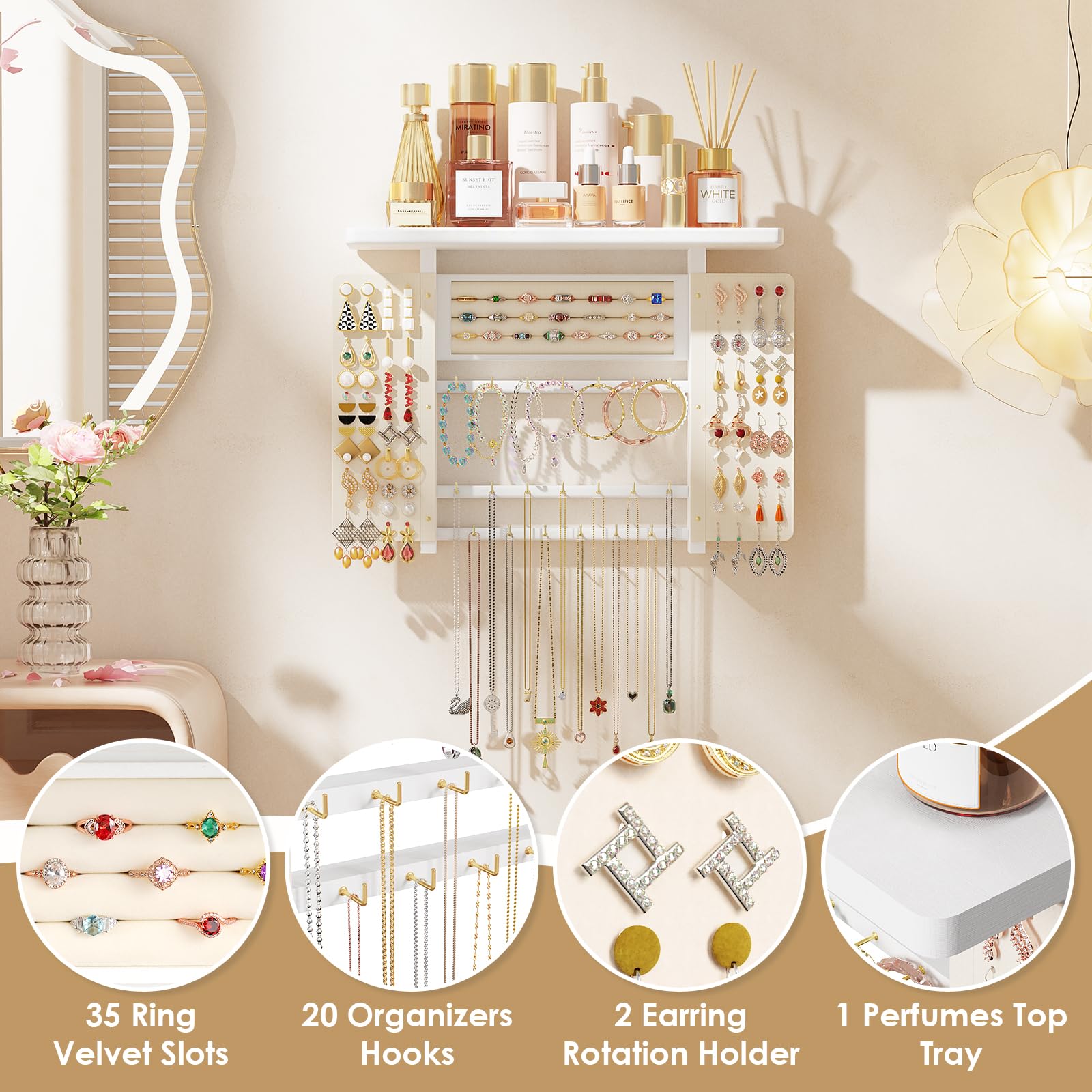 Hängender Schmuck Organizer, Wand Schmuck Organizer mit Holz Regal, Große Kapazität Schmuckständer Aufbewahrung & Display für Halsketten Armband Ohrringe Ring (Weiß)