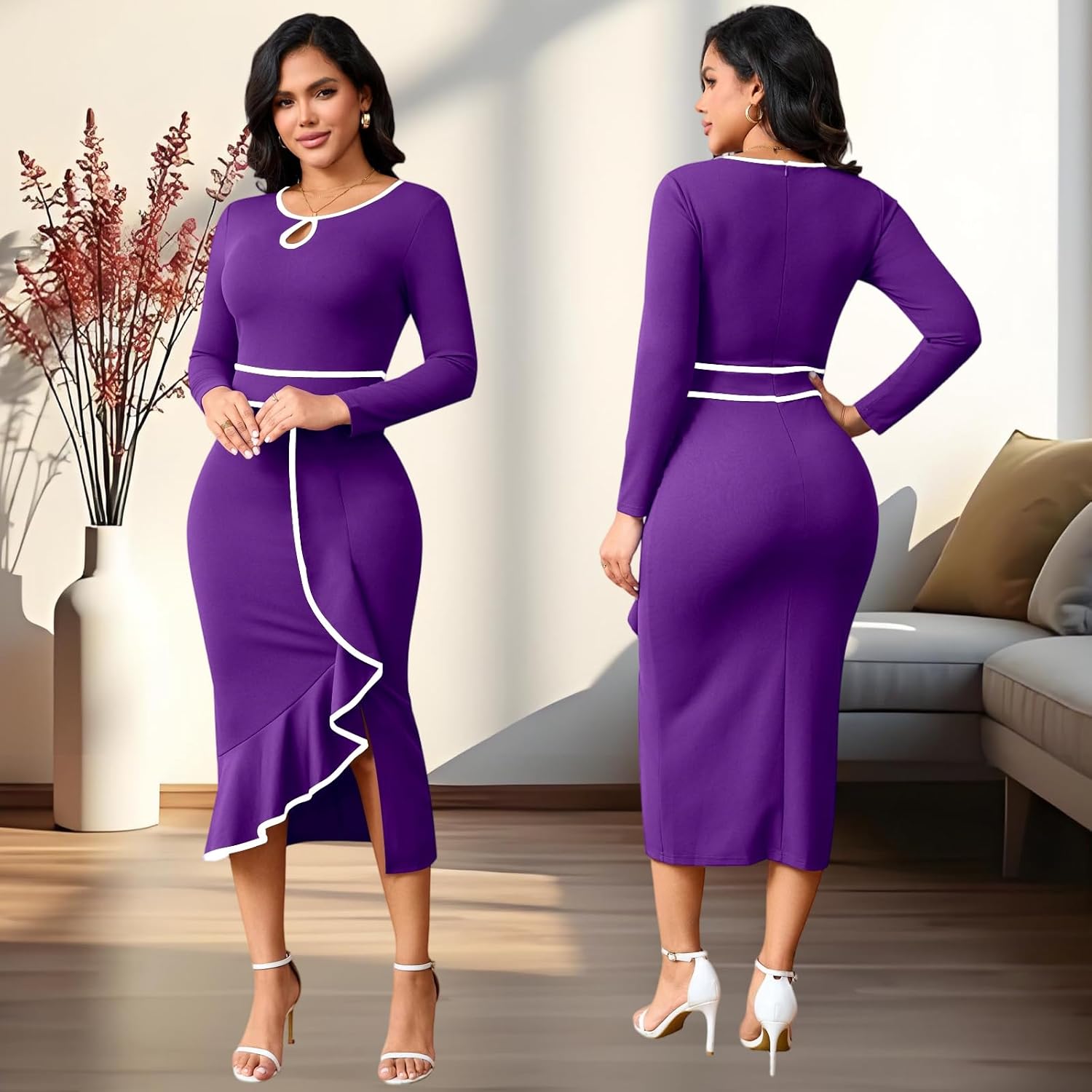 Women's Elegant Church Vintage Bodycon Dress Casual Long Sleeve Work Business Pencil Split Sheath Midi Dresses - Image 8