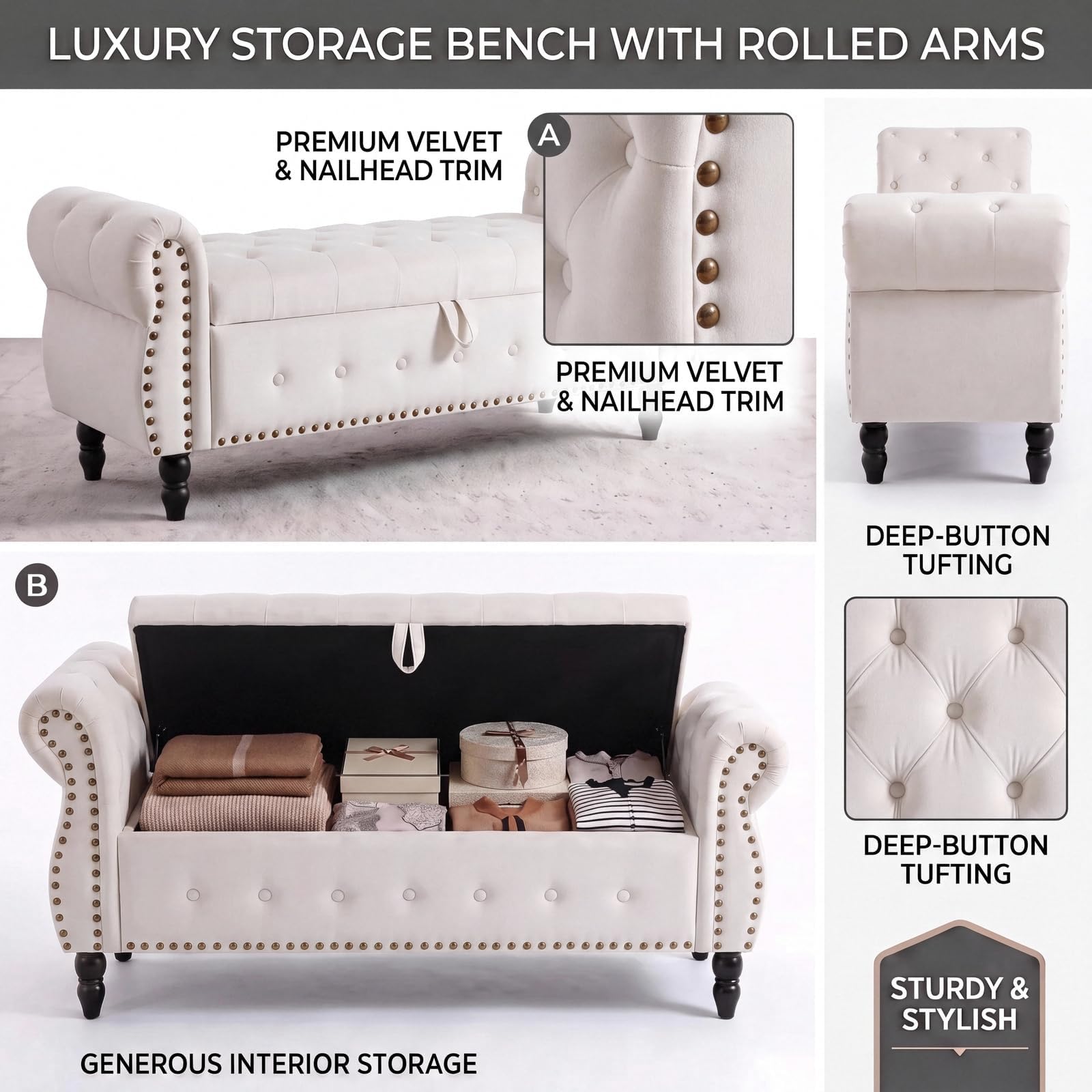Clevich Sitzbank mit Stauraum 151 cm, Sofa Bench mit Riesiger Stauraum, Beige