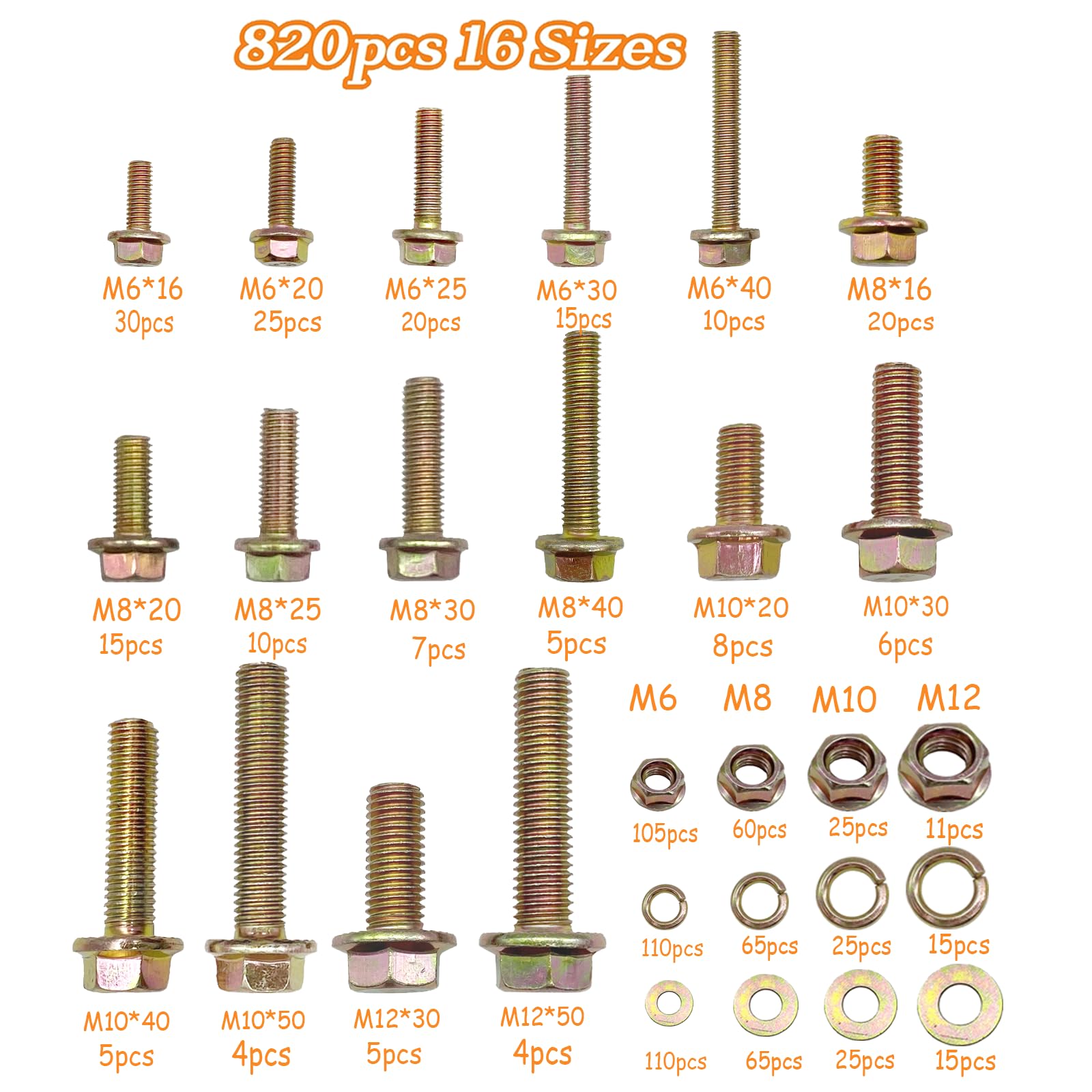 820pc Metric Bolt & Nut Assortment Kit - Yellow Zinc -3