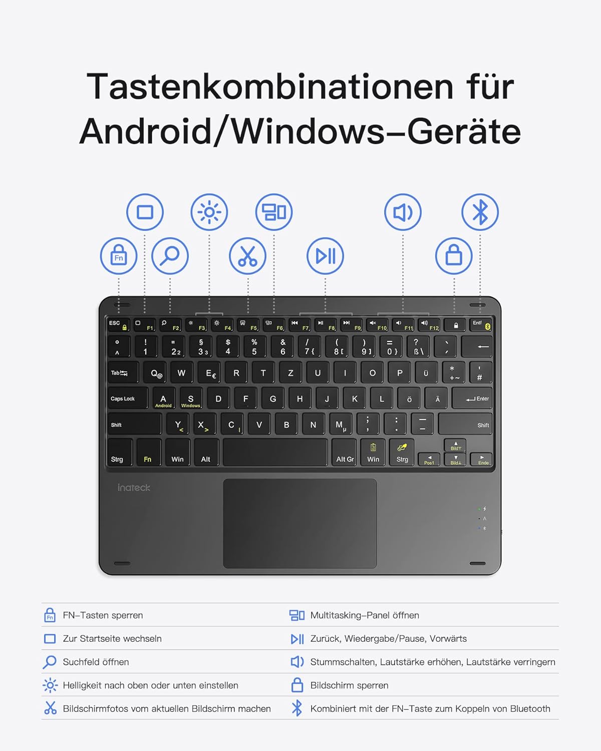 Close-up of the Inateck KB01101 keyboard's anti-slip pads compared to a keyboard without them.