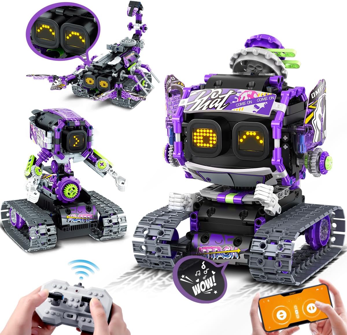INSOONTechnik Robot Construction Toy with LED Eyes and Sound, App Remote Controlled Rechargeable Robot Construction Kit, 458 Pieces, 3-in-1 Technic RC Toy Gift for Children, Boys, Girls from 6-12+