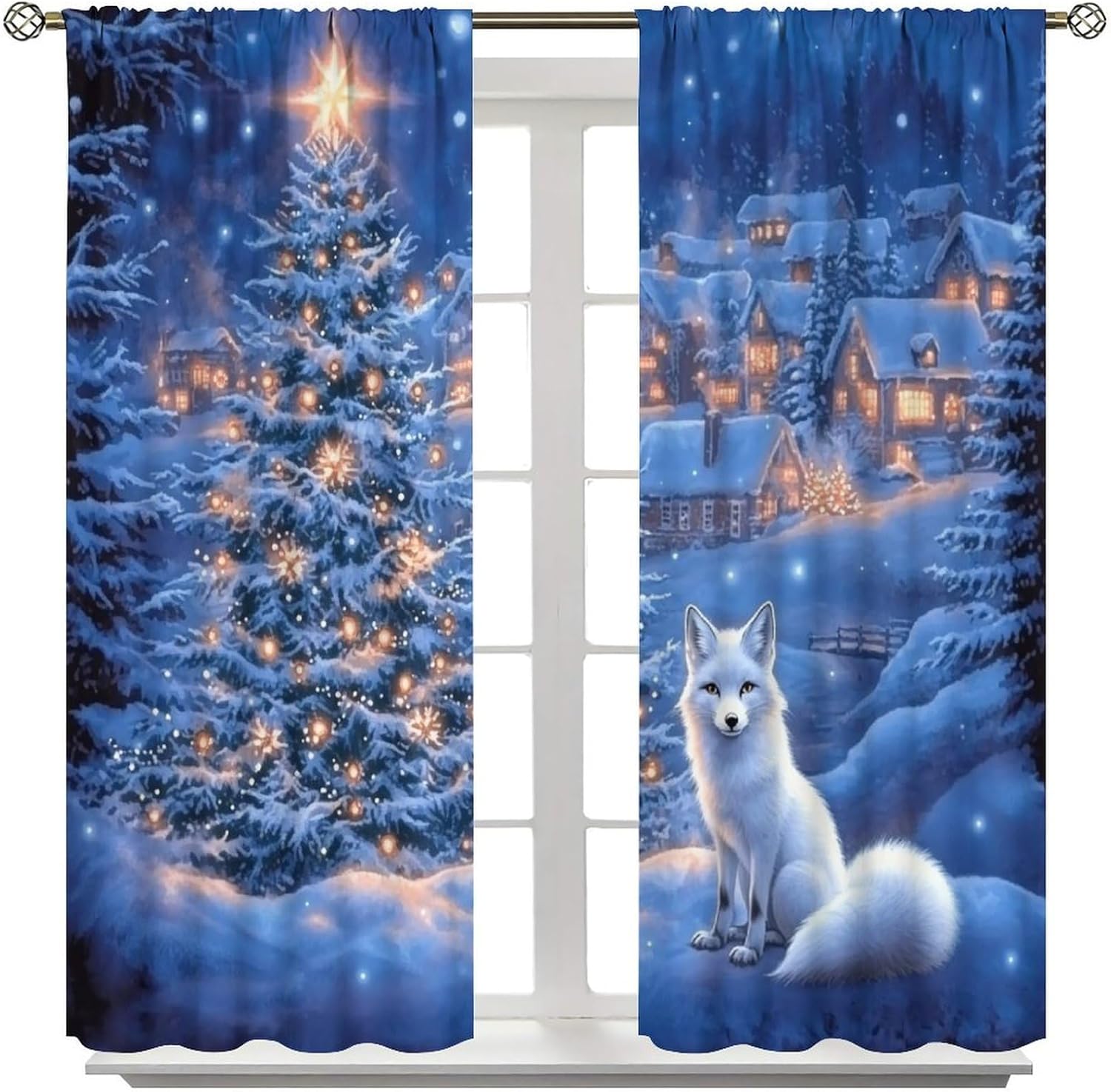 Modern Cottage Fox Blackout Window Curtain Panels, Tree Star Christmas Rod Pocket Window Drapes for Living Room Bedroom, 2 Panels, Each 21W x 54L