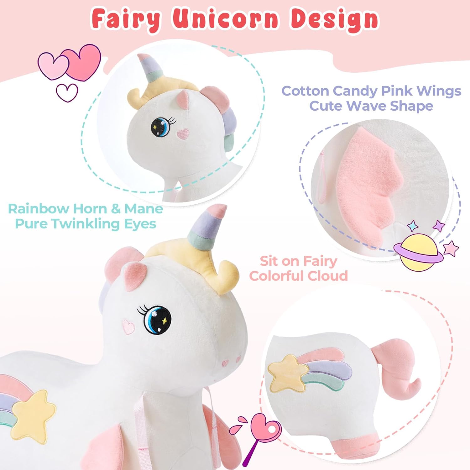 FUNLIO Unicorn Bouncy Horse, Rainbow Fairy Bouncy Animal for Toddlers 18 Months to 5 Years, Inflatable Bounce Horse with Air Pump, Removable Cover & Washing Machine Safe, CPC & CE Certified