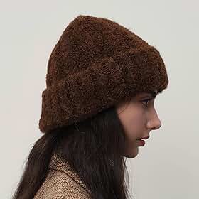 Gorro de malha de lã de aba virada marrom, chapéu de tamanho grande despojado que valoriza rostos redondos, boné quente de inverno com costura de cabo