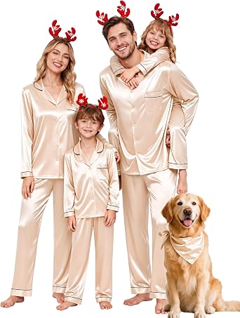 SWOMOG Family Matching Button Down Pajamas Pjs Silk Satin Long Sleeve Shirt Long Pants Set Sleepwear 2 Pcs Outfits Loungewear