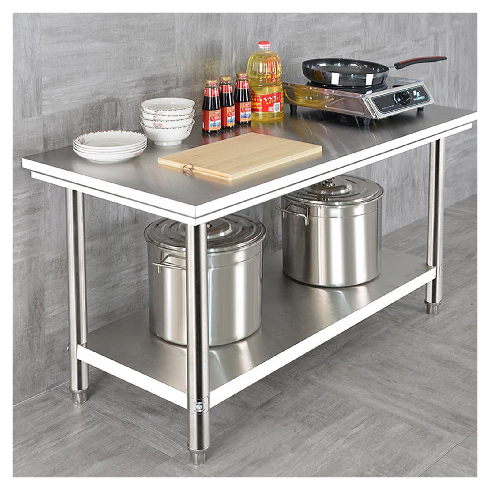 Tavolo da lavoro commerciale in acciaio inox con piedini regolabili e ripiano portaoggetti, postazione di lavoro multifunzionale da cucina per una facile installazione in casa e in fabbrica