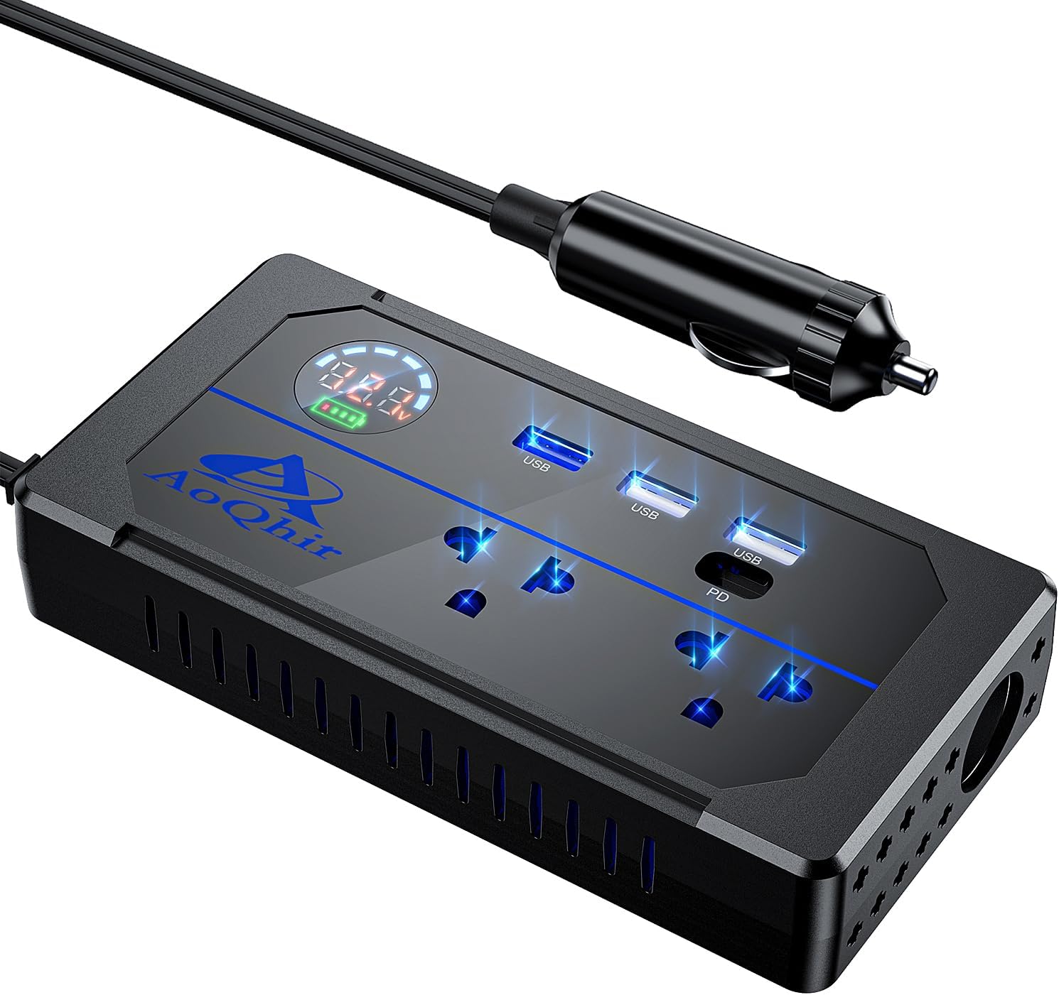 Car Inverter 200W DC12V to AC100V Converter, 3 USB Ports with QC3.0 Fast Charging, TYP-C Support, Smart Display, Multi-Protection, Car Power Inverter for Charging & Power Supply