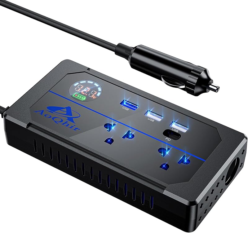 Car Inverter 200W DC12V to AC100V Converter, 3 USB Ports with QC3.0 Fast Charging, TYP-C Support, Smart Display, Multi-Protection, Car Power Inverter for Charging & Power Supply
