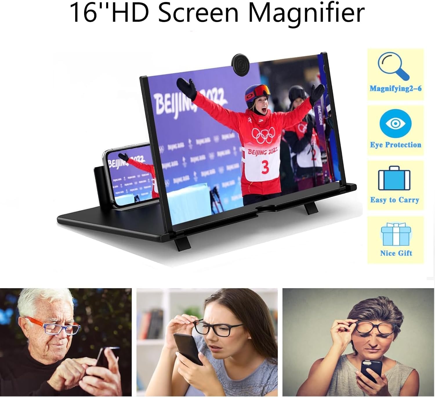 Loupe D'écran Téléphone 16" HD - Agrandisseur Portable 3D Pour Films, Protection Yeux, Sans Batterie
