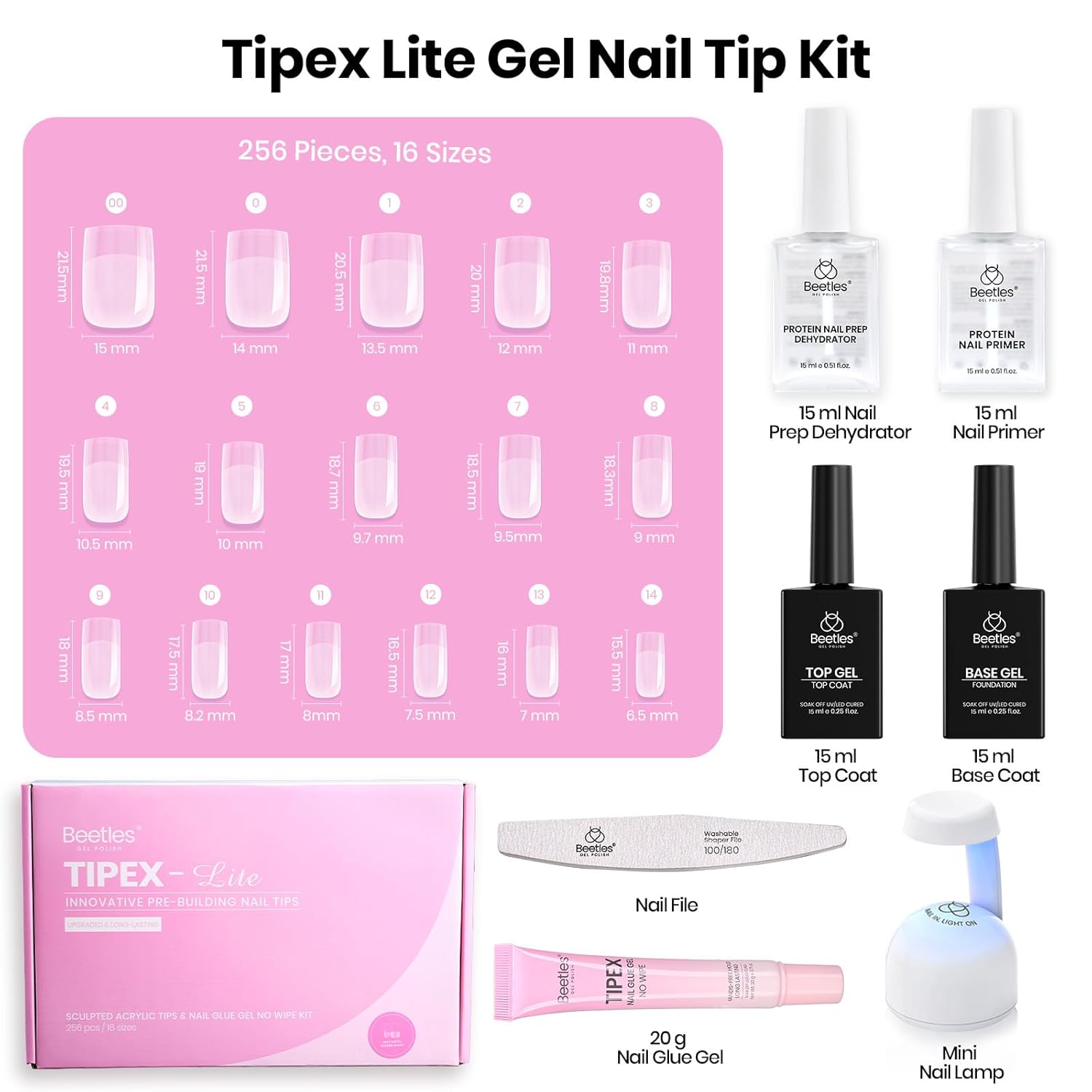 Beetles Tipex Lite Nail Tips Kit with Dehydrator & Primer, Short Square Full Cover Clear Nails 256PCS 16 Sizes, Mini UV Lamp, 20g Solid Nail Glue, Base & Top Coat, All-in-One Nail Starter Kit