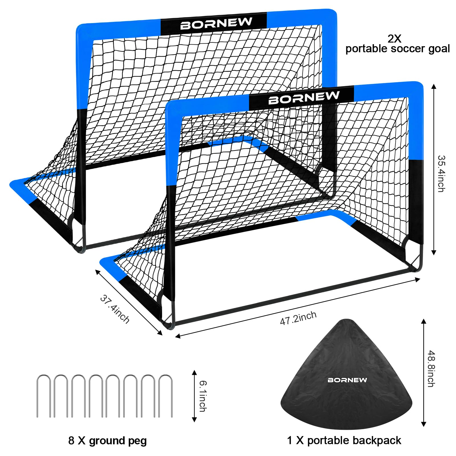BORNEW Paquete de 2 porterías de fútbol para patio trasero e interior para niños, 7 x 5, 6 x 4, 4 x 3 pies, redes de fútbol portátiles para jóvenes y adultos, juegos al aire libre, equipo de