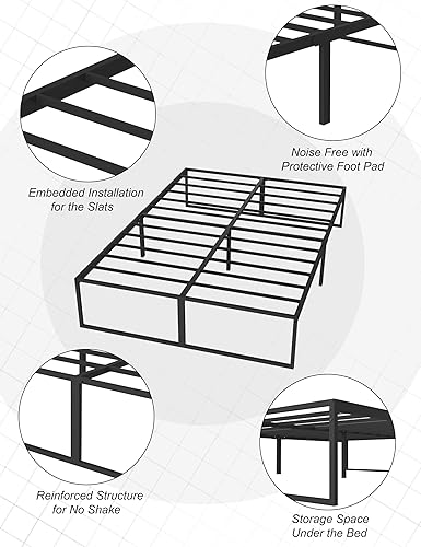 Miniatura 5 de OLALITA 14 Inch Black Full Size Bed Frame with Open-End Design - Sturdy Metal Platform Bed Frame Full Size Easy Assembly, Heavy Duty, No Box Spring