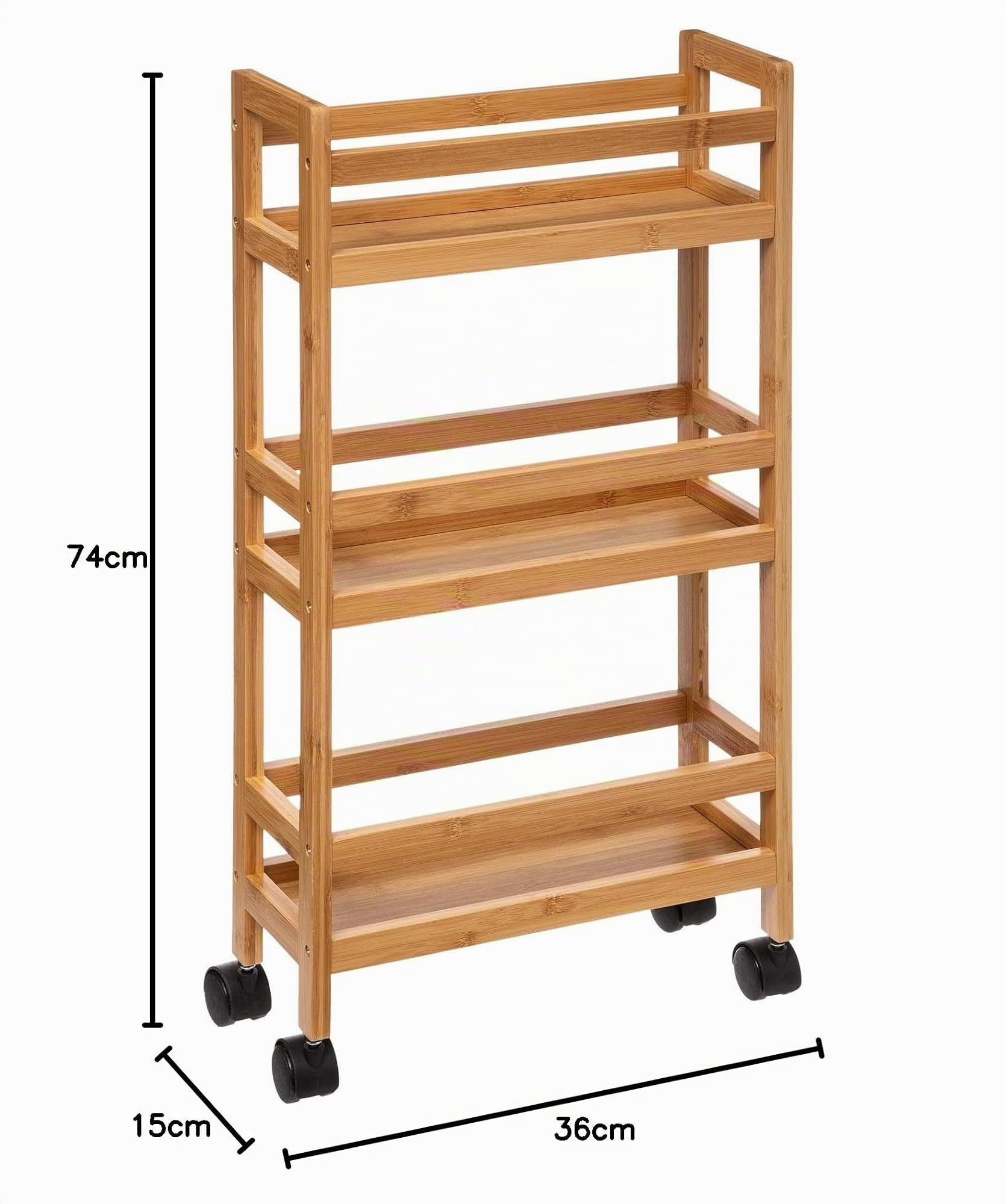 Well Home - Carrello ausiliario in bambù con ruote, 36 x 15 x 74,5 cm, 3 livelli, ideale per cucina, bagno e ufficio, salvaspazio