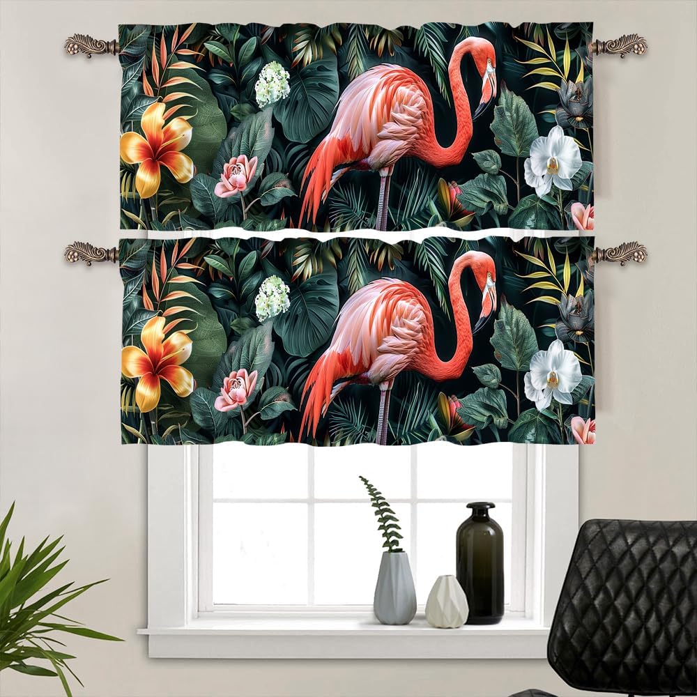 1 Panel Flamingo Bird Fantasy Window Valances, Colorful Palm Leaf Plants Window Treatment Decor Curtains Rod Pocket Valances for Kitchen/Living Room, 54" X 18"