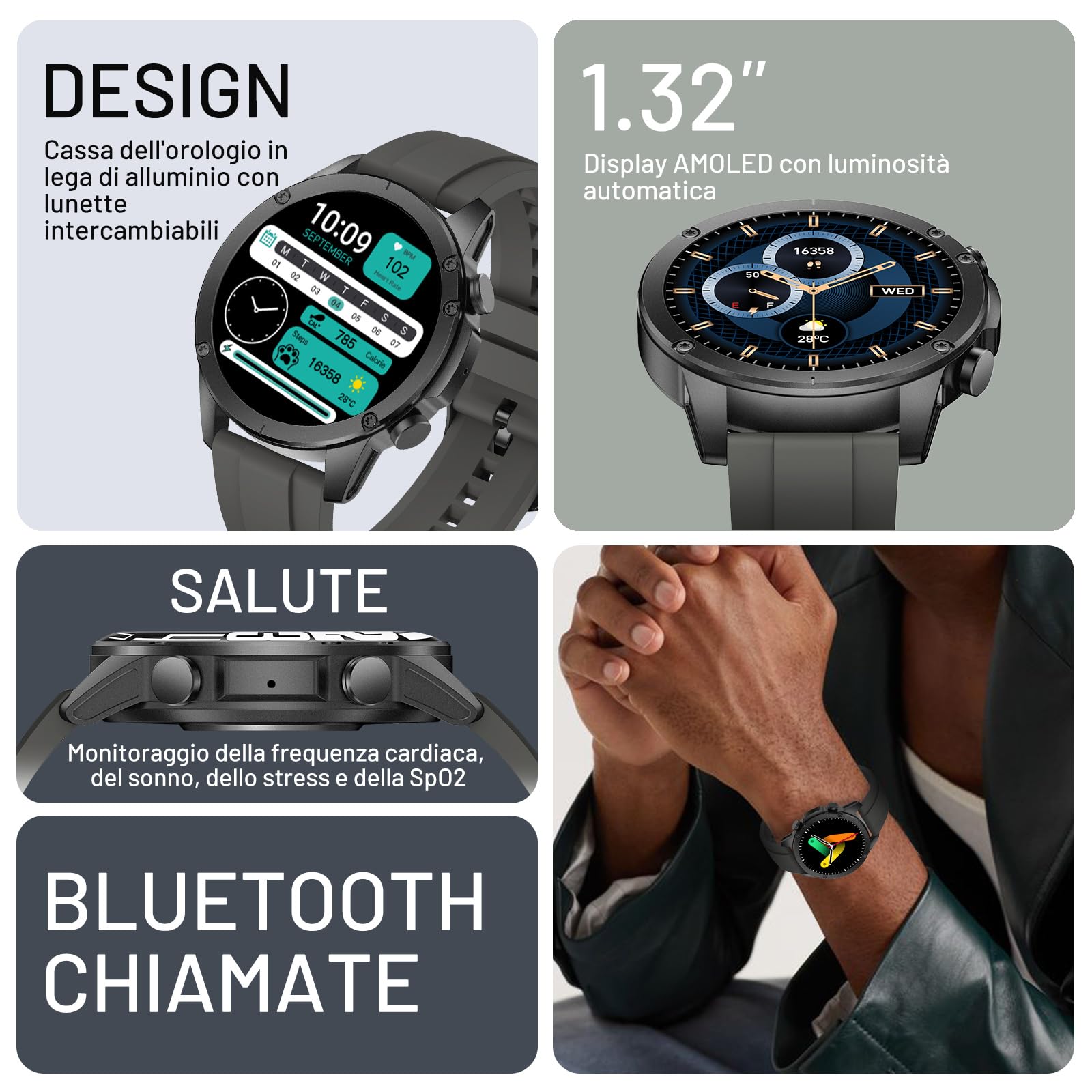 Smartwatch Uomo Militare, 1.43" AMOLED Orologio Smartwatch con Chiamate Bluetooth, 120 Sportive Smart Watch con Contapassi/Sonno/Cardiofrequenzimetro/SpO2, Impermeabil IP68 Smartband per Android iOS