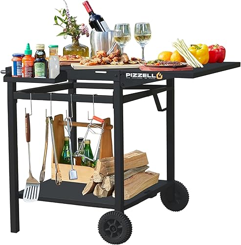 Carrito de mesa para parrilla al aire libre de 35 x 22 pulgadas, soporte para horno de pizza plegable de doble estante, carrito de preparación de