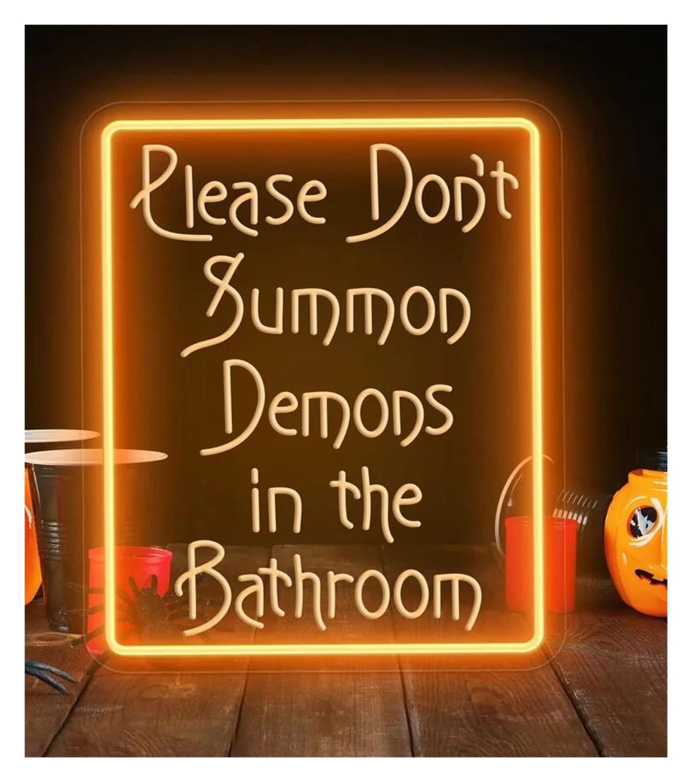 Sign Lamp Neon Sign Please Don't Summon Demons in The Bathroom, Sign Halloween Decor, Halloween Night Light Room Party Decor 40x31cm(Orange)