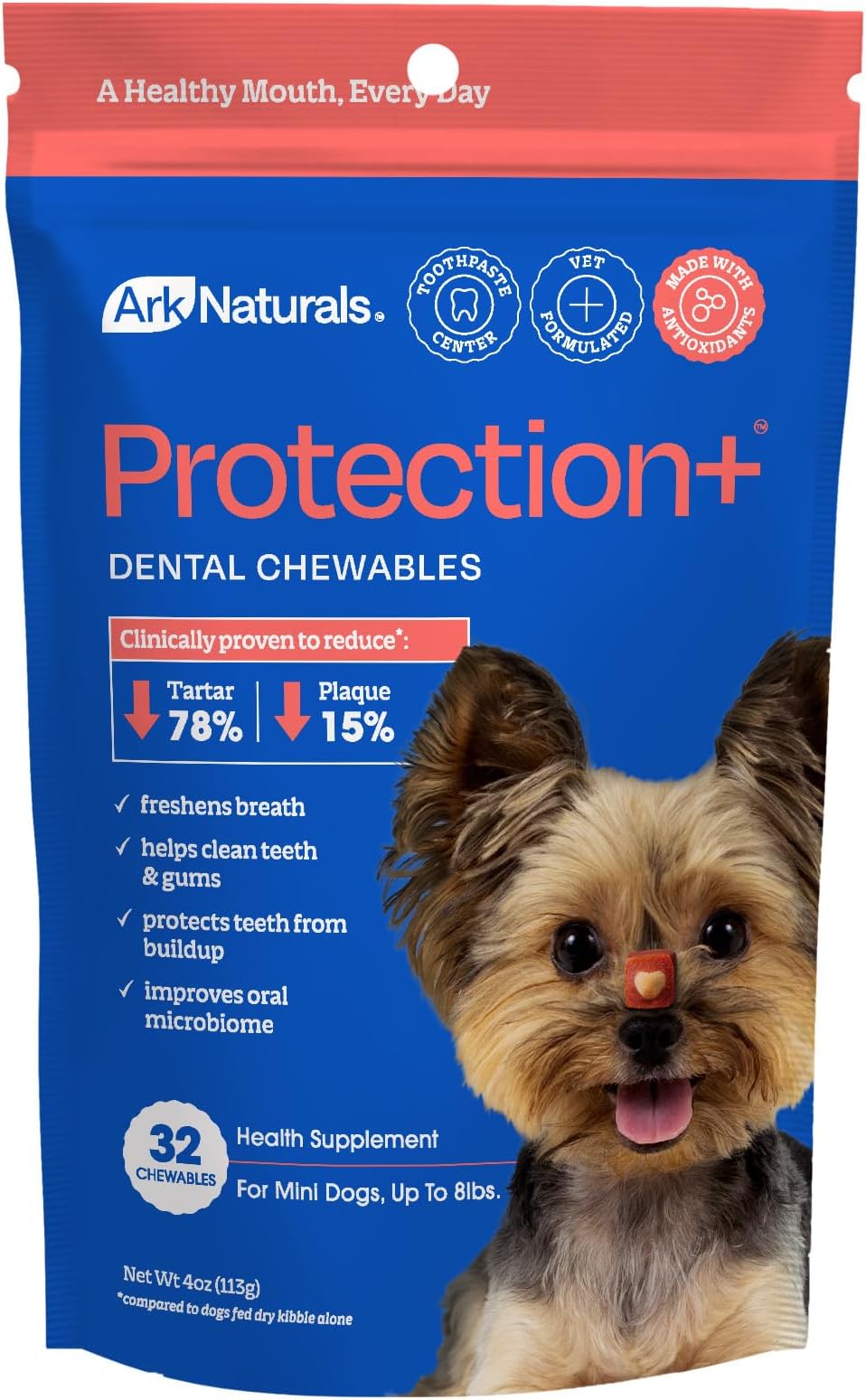 Ark Naturals Protection Plus Brushless Toothpaste for Mini Breeds, 4 oz Bag, Dog Dental Chew with Toothpaste Center, Prevents Plaque & Tartar, Freshens Breath