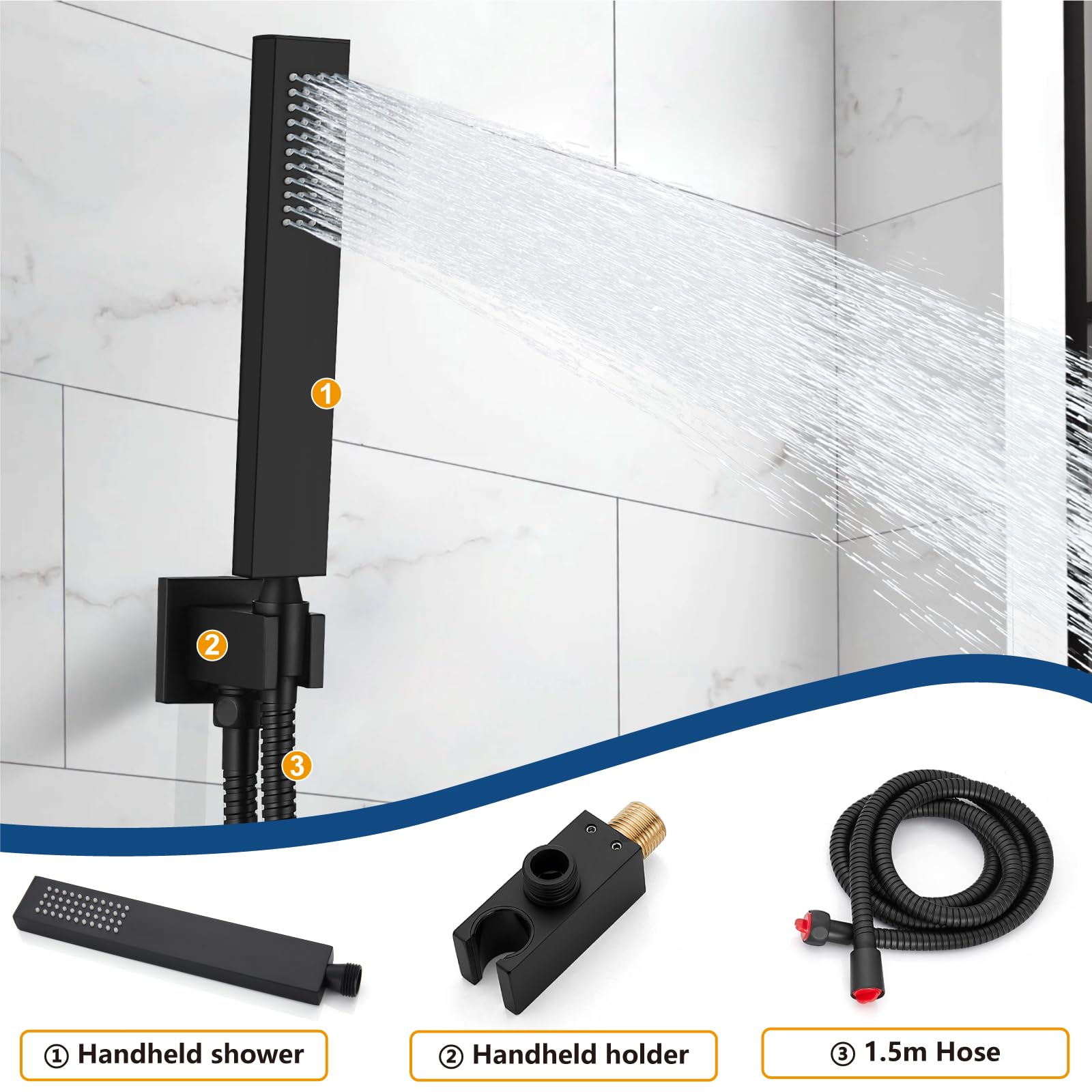 Grifos de baño monomando ranurados de cascada en negro mate con desagüe emergente y sistema de ducha de lluvia de montaje en pared de 10 pulgadas en negro mate. Juego de grifería de ducha de lluvia