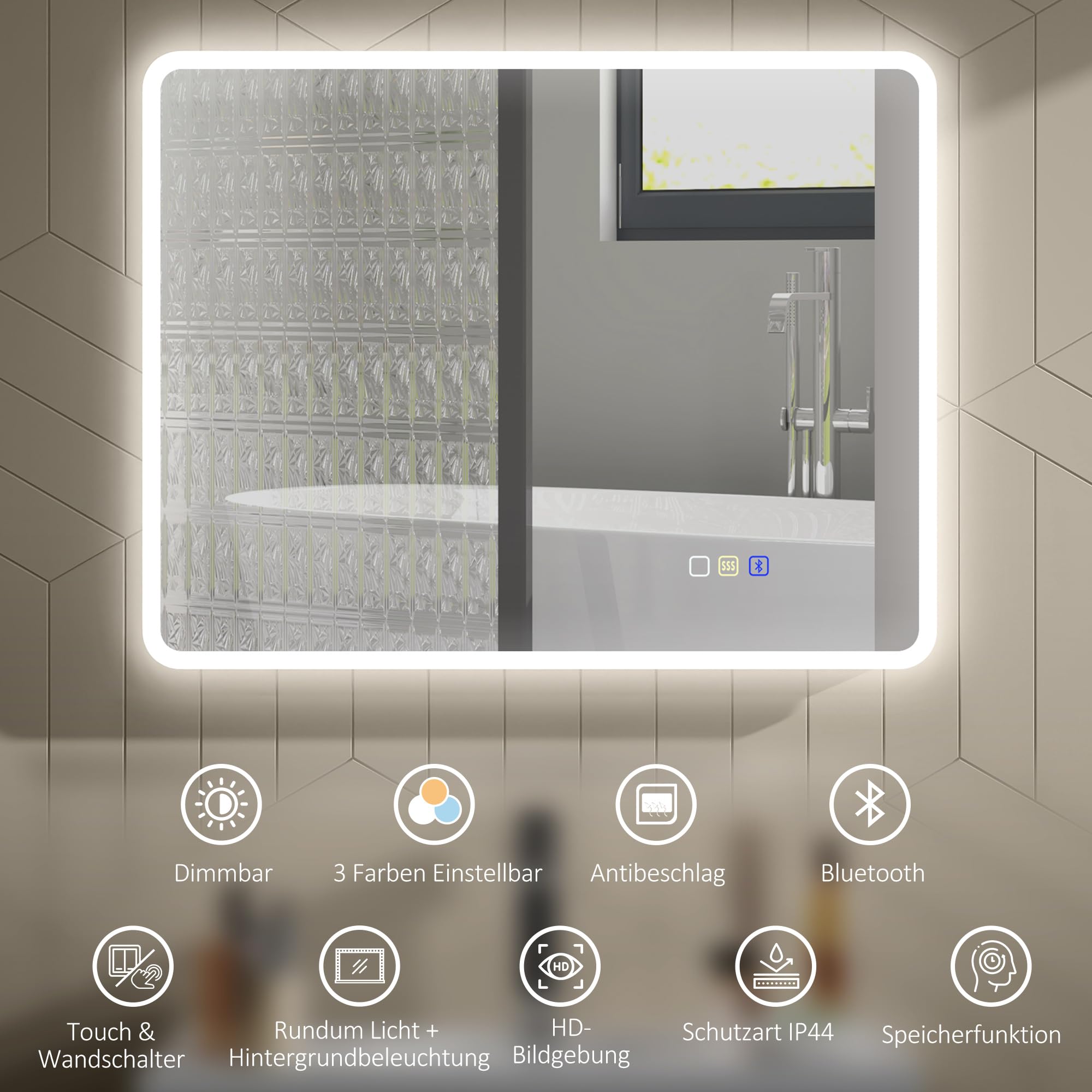 HOMCOM Badspiegel mit Beleuchtung 90x70 cm dimmbar LED Spiegel mit Touchschalter Bluetooth Memory-Funktion 3 Lichtfarben, Beschlagfrei Wandspiegel Lichtspiegel Silber