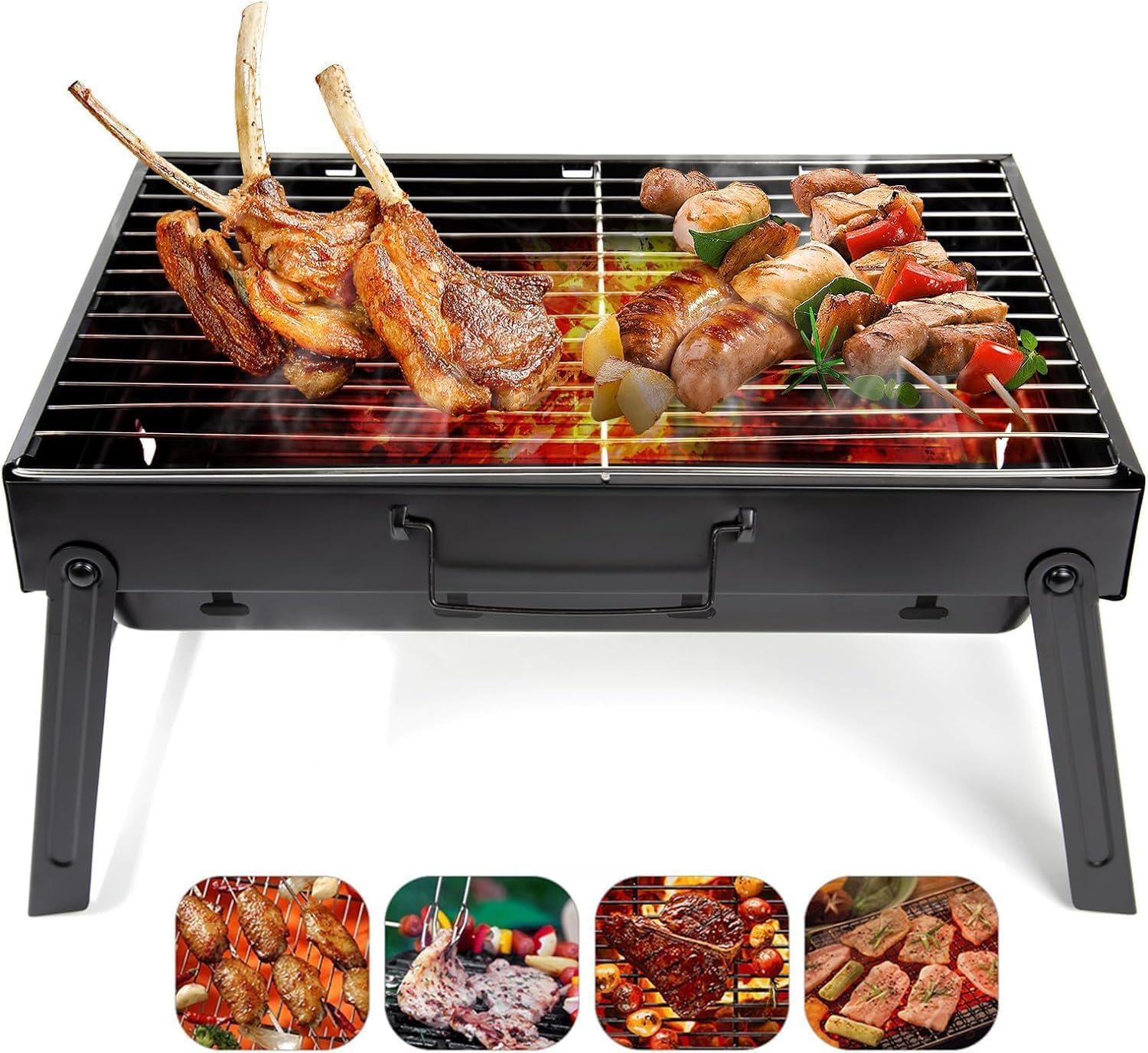 PRONCE Folding Mini BBQ Grill Portable (BLACK) | Quick-Deploy Legs, 4 Skewer Sets Included-image-31