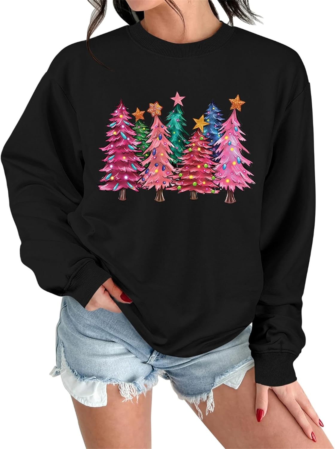 Christmas Sweatshirts For Women Cute Christmas Tree Graphic Long Sleeve Shirt Casual Crewneck Holiday Pullover Top - Image 2