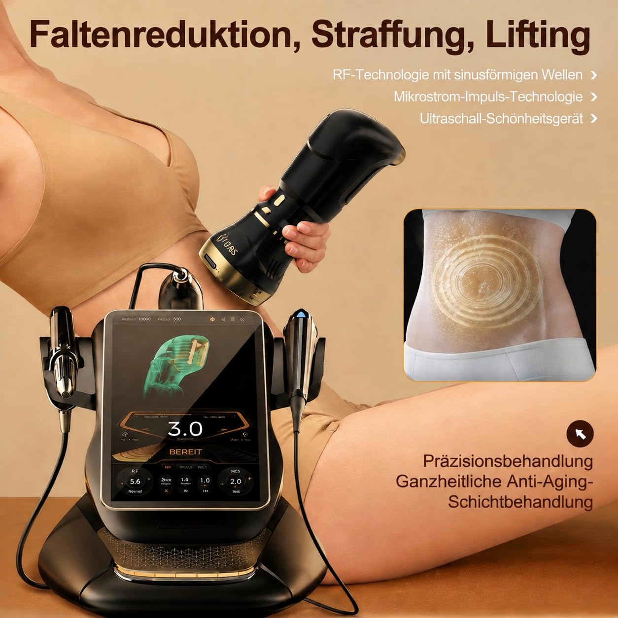 3-in-1 Anti-Aging-Gerät mit RF, EMS und Ultraschall, Faltenentfernung, Hautstraffung und Anti-Schwellungen, 15,1-Zoll-HD-Touchscreen