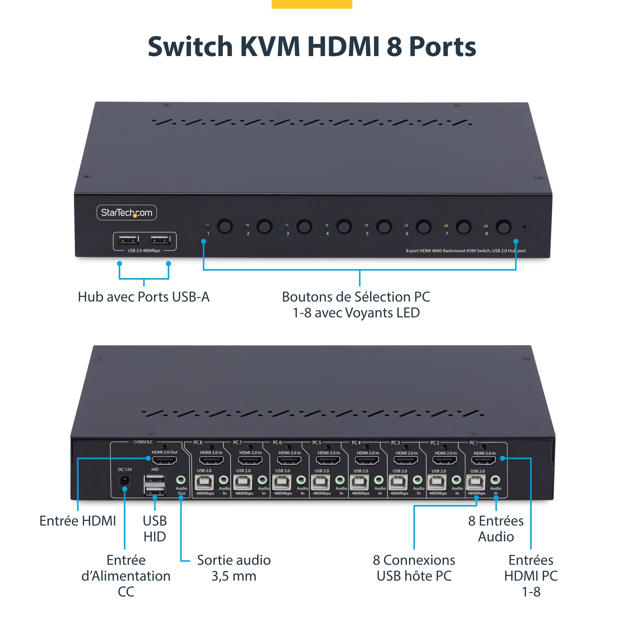 StarTech KVM HDMI 2.0 8 Ports, 4K 60Hz, Montage Rack 1U, Hub USB