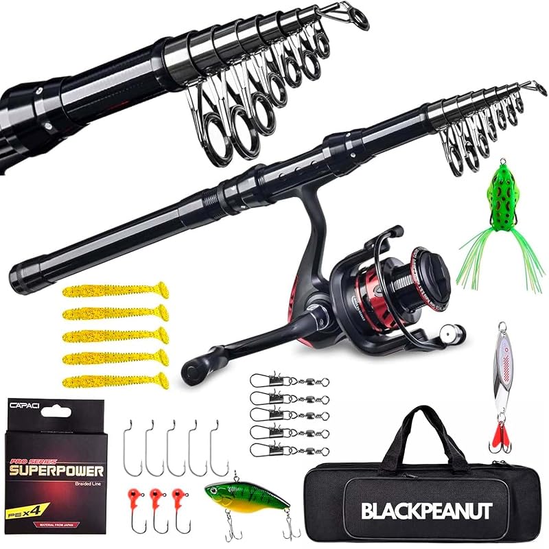 Kit de pesca Blackpeanut con caña telescópica, carrete rojo y negro, señuelos y bolsa de transporte