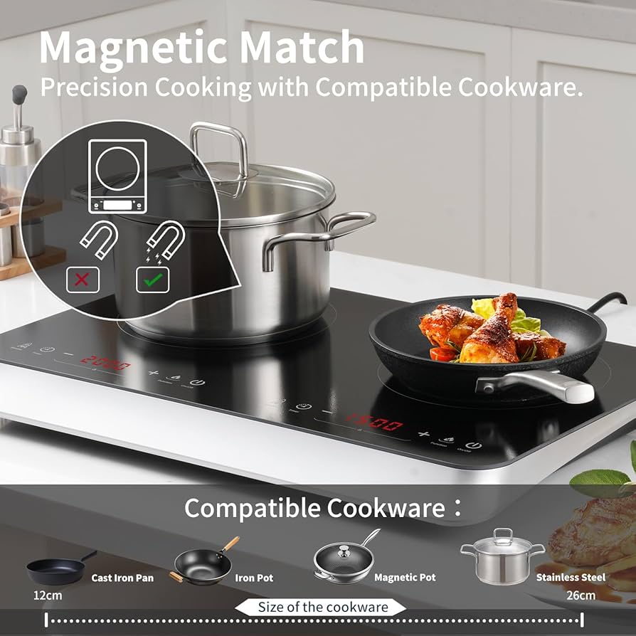 AOBOSI 1800W Double Induction Cooktop, Low Noise, 2 Burners, 10 Temperature Levels, 3-Hour Timer
