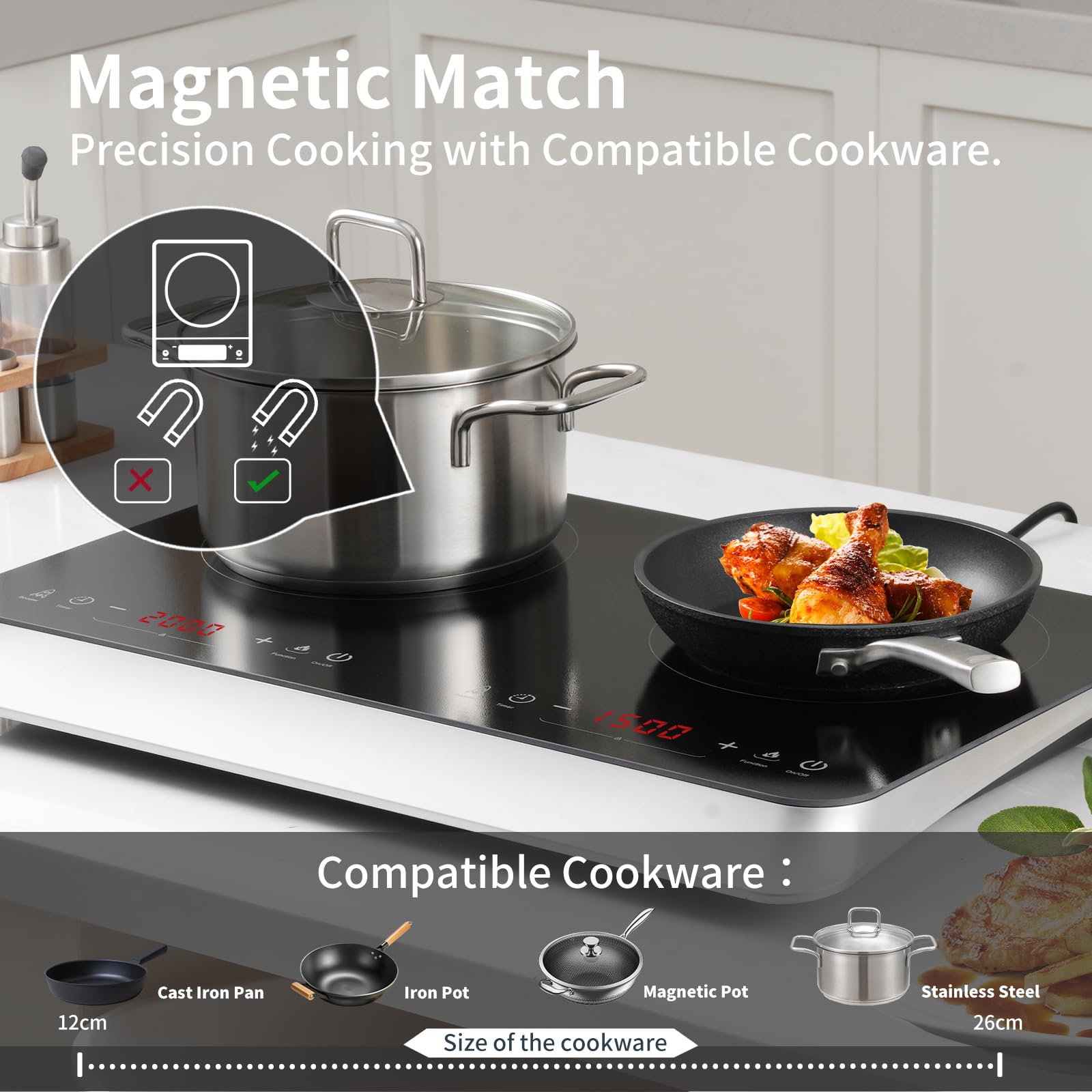 Placa de inducción COOKTRON doble 3500 W con 2 quemadores Touch 9 niveles de potencia, 10 niveles de temperatura, función de temporizador de 4 horas, placa de inducción eléctrica, seguridad infantil