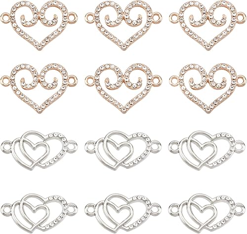 Miniatura 1 de PH PandaHall Dijes de corazón con diamantes de imitación, 20 piezas de eslabones de corazón de amor, dijes de San Valentín con doble conector de