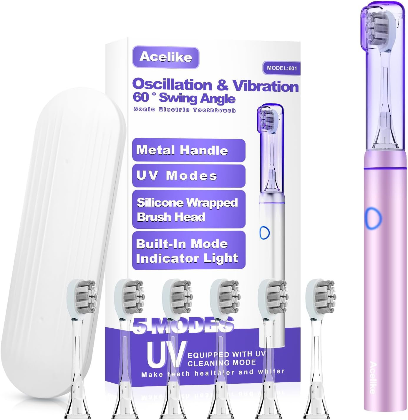 Metal Electric Toothbrush with UV Mode, Vibration and Oscillation Electric Toothbrush for Adults, 6 Brush Heads & Travel Case & Dust Cover, 5 Modes & Built in Timer, One Charge Last 120 Day - Purple - Image 1 of 7