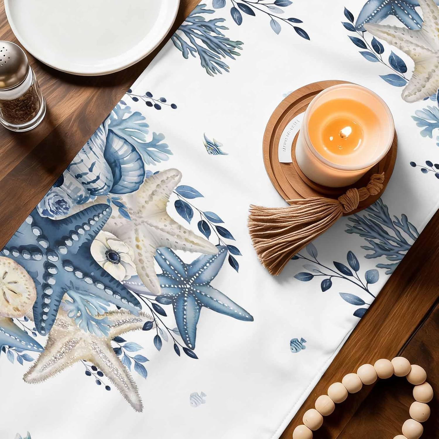 Summer Ocean Table Runner 90" Long Blue Starfish Eucalyptus Leaves Coffee Table Runners for Kitchen/Dining Farmhouse Runners for Party Home Decor Dresser Scarves Tabletop Decor 13 x 90 Inches