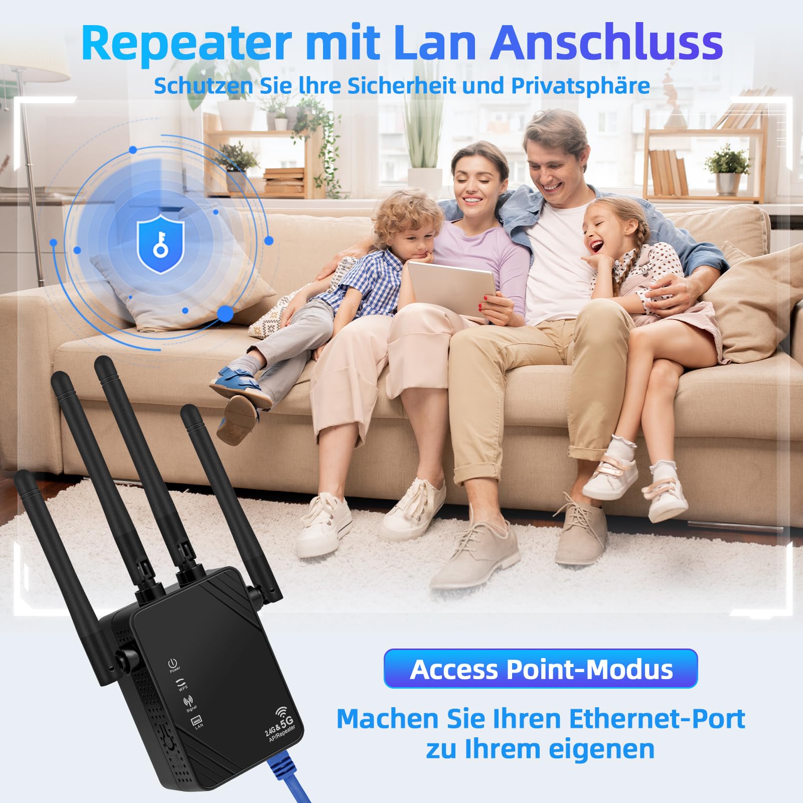 WLAN Verstärker, 1200Mbit/s WLAN Repeater, 5G & 2.4G Dualband Ultraxtender WiFi Verstärker mit LAN anschluss, WPS, Kompatibel mit 99% Standard-WiFi Routern, Deckt bis zu 9200Sq.ft und 35 Geräte