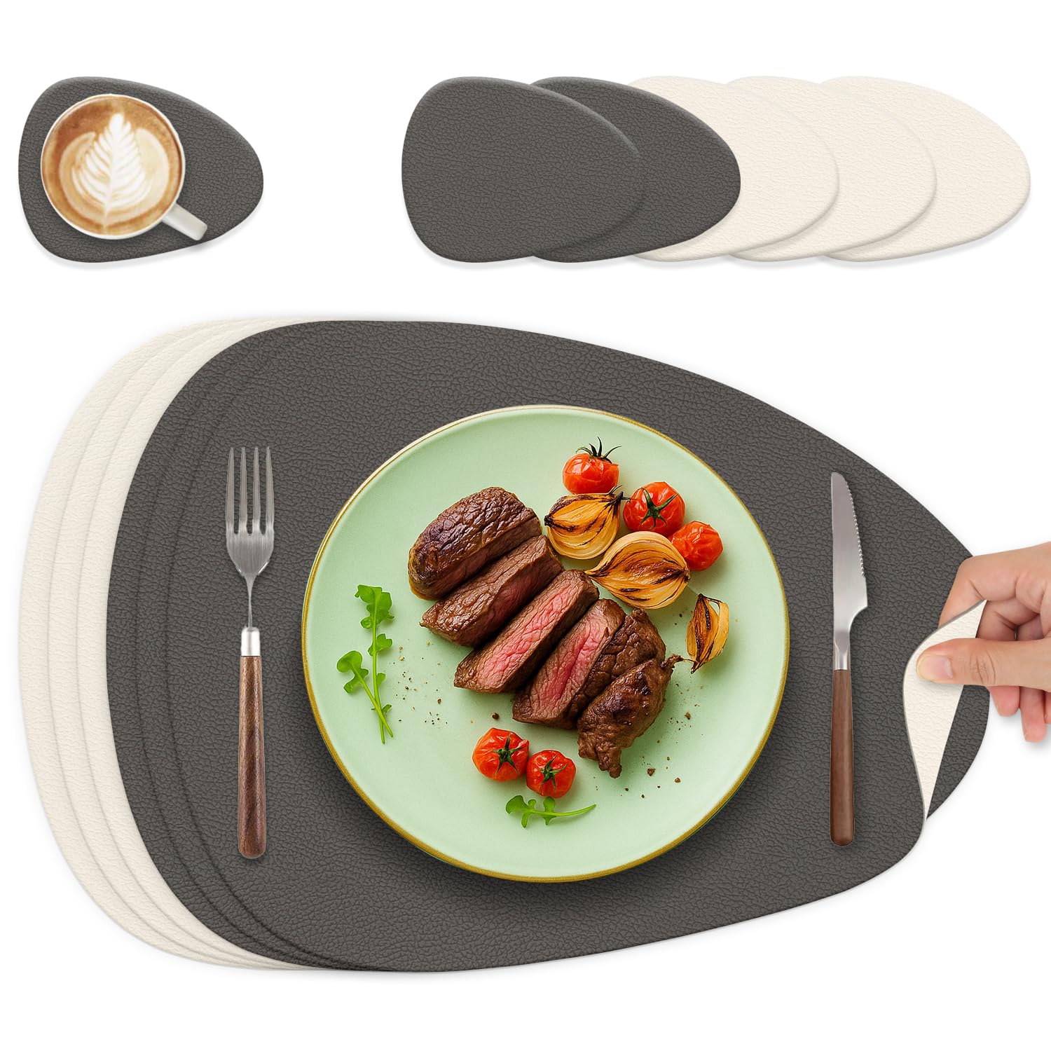 HELI MIAO Tischsets Abwaschbar 6er Set - Doppelseitige Platzsets & Untersetzer aus Lederoptik, rutschfeste & wasserdichte Tischunterlage für Esstisch und Familie - Oval int Grau+Beige