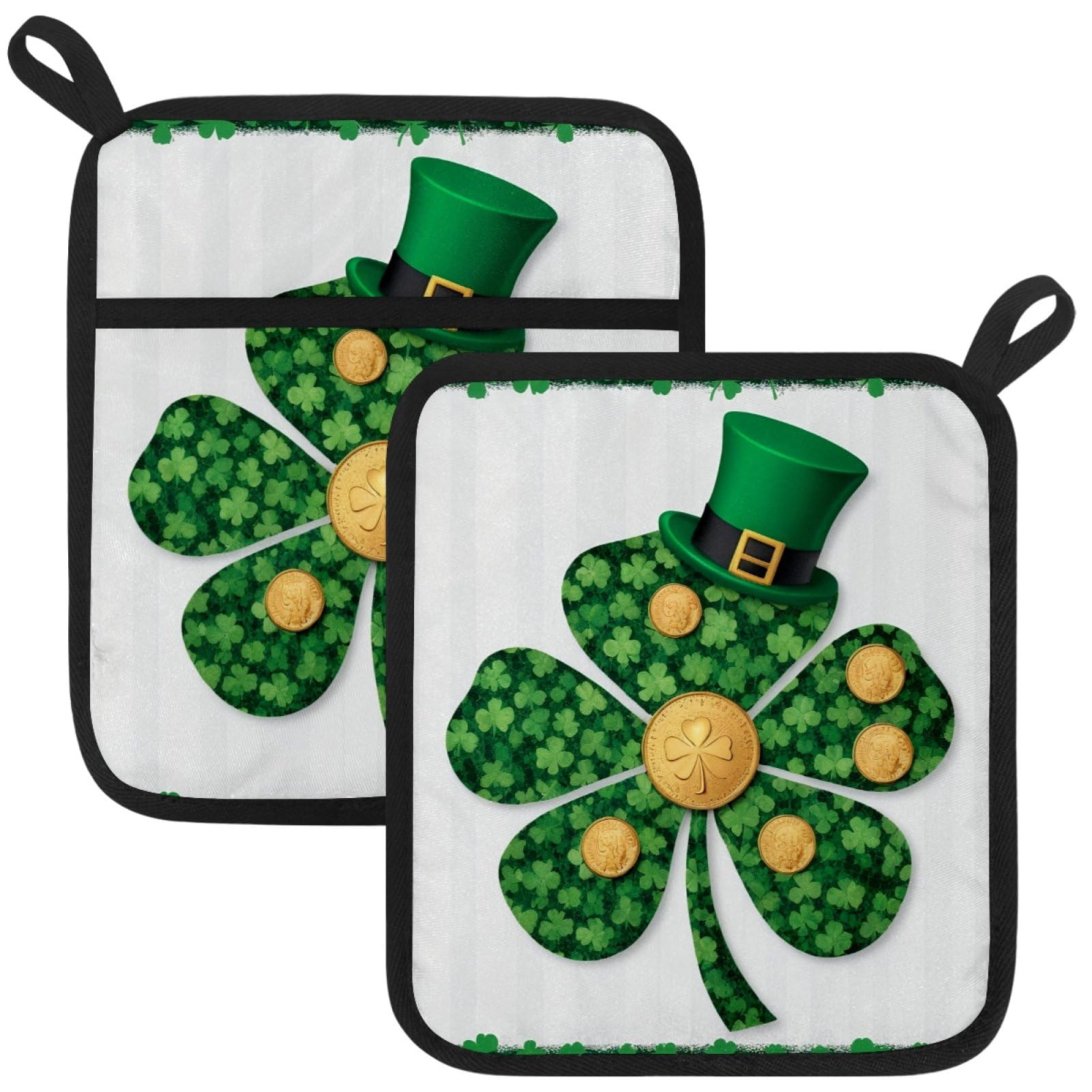 VAPOKF St. Patrick's Day Shamrocks Heat Resistant Pot Holders, Thick Pot Holders Pad with Hanging Loop for Kitchen, Oven Cloth Pads for Kitchen Baking Microwave Oven