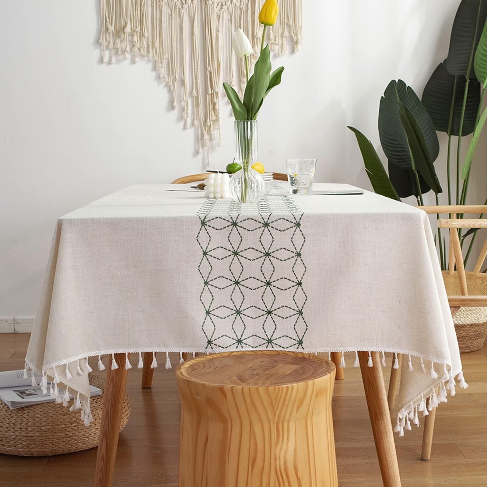 Mantel verde para mesa de cocina, comedor, poliéster, diseño geométrico de rombos, 100 x 160 cm