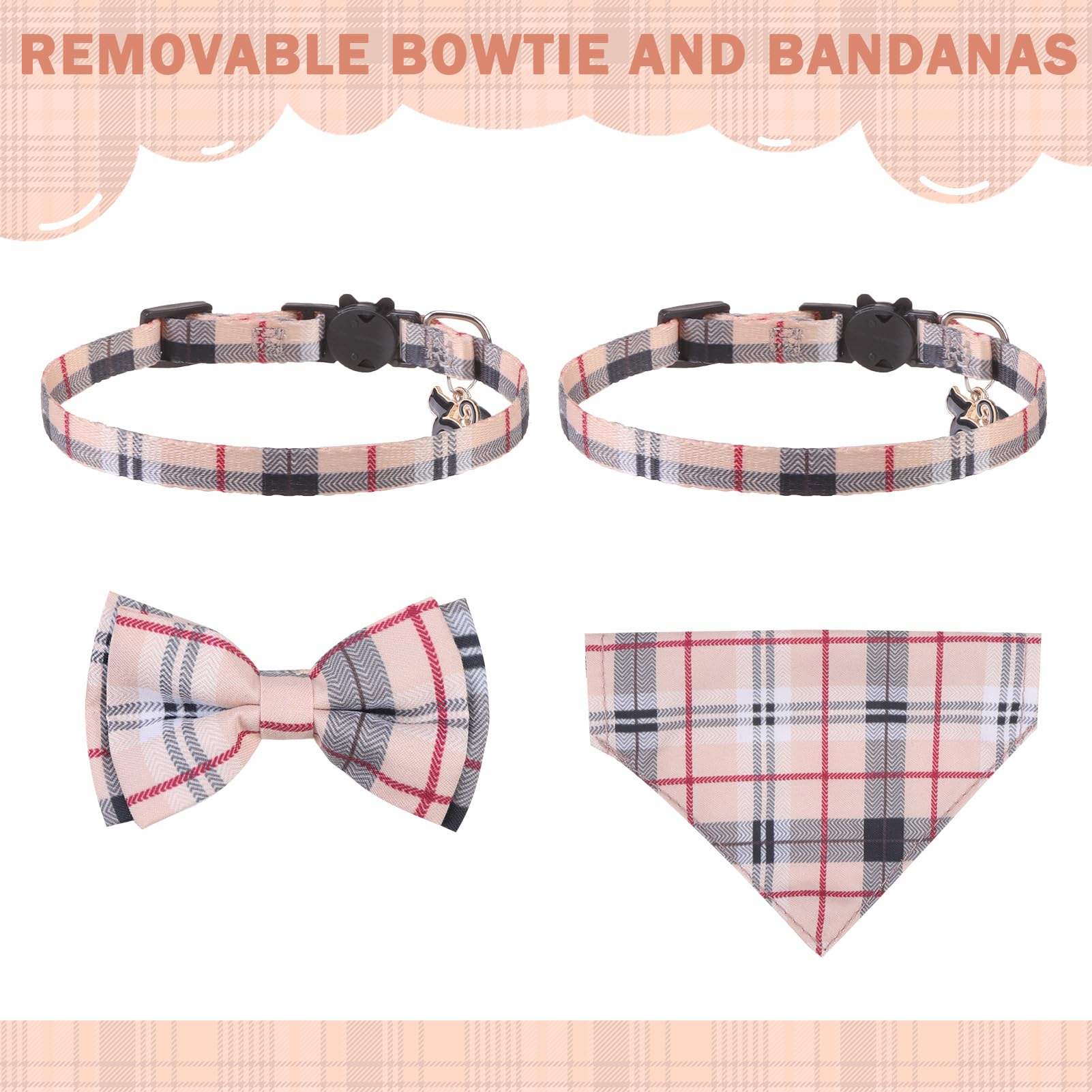 SCENEREAL Lot de 2 colliers pour chat avec clochettes, bandana amovible et réglable avec nœud papillon pour animaux de compagnie, petits chiens, garçons et filles, motif écossais beige