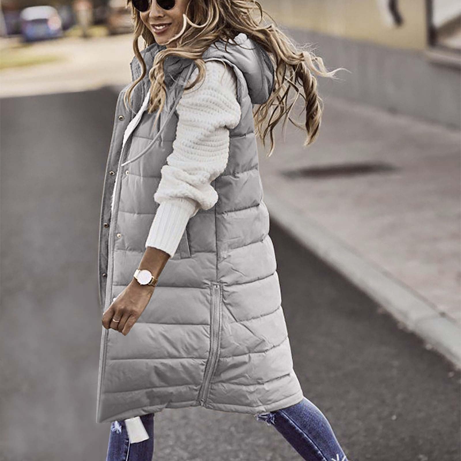 HAOLEI Chaleco Largo para Mujer de Capucha con Cremallera Ligero Chaleco Acolchado de Plumas Abrigada y Gruesa Chaqueta de Invierno Sin Mangas Cómoda Abrigo de Cálidos con Bolsillos Casual Outwear