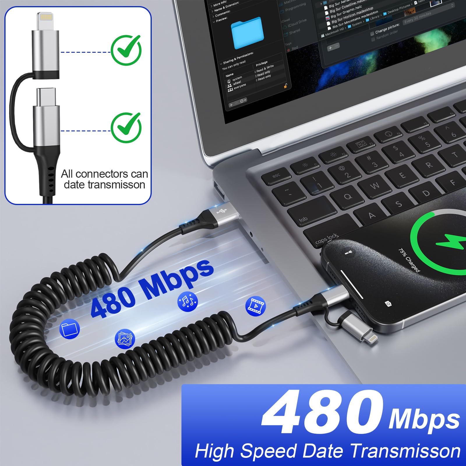2 en 1 Cable Spirale Voiture pour Apple CarPlay et Android Auto [MFi & 3A Charge Rapide], Câble Multi USB avec Lightning USB C Câble pour iPhone 16/15/14/13/12/11/Galaxy/Huawei/Google Pixel