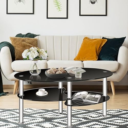 TOMANOR Mesa de centro ovalada de cristal negro, pequeña mesa central moderna para sala de estar