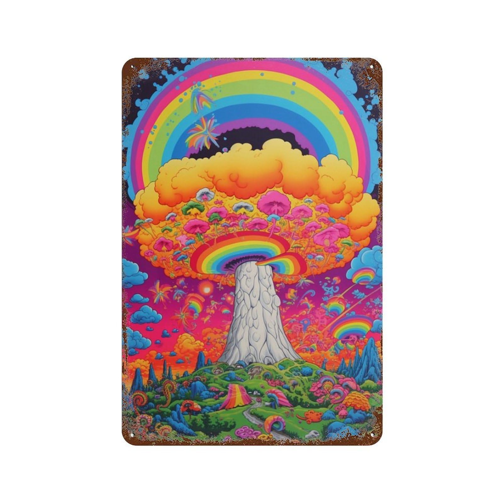 Mushroom Rainbow Scene Aged Metal Wall Plaque 11.8"x7.9", for Garage, Bar And Workshop Decor, Farmhouse Wall Decor