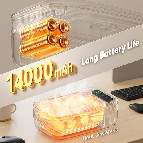 Miniatura 4 de Fiambrera eléctrica inalámbrica, 14000 mAh, recargable con calefacción, calentador de alimentos portátil de 1 litro con temporizador y ajustes de