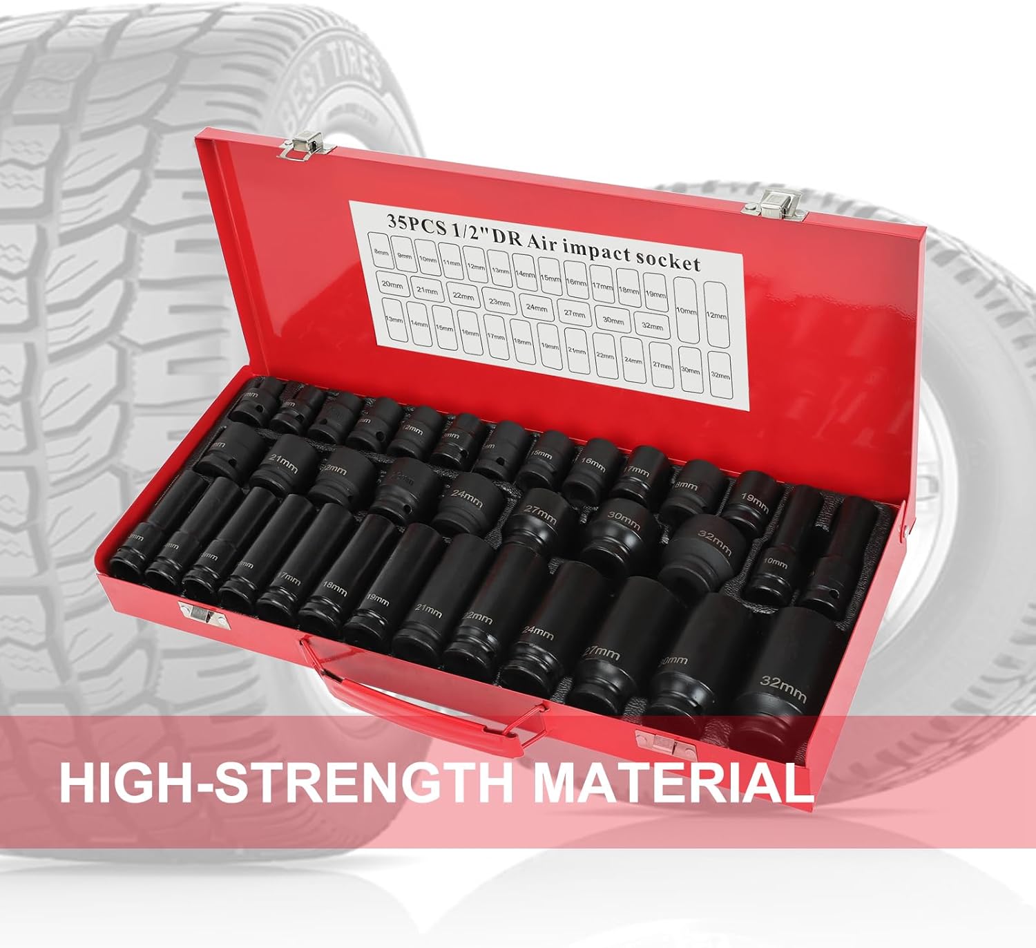 35pcs 1/2 Inch Drive Deep Impact Socket Tool Set, 8-32mm Metric Garage Workshop Tools, Heavy Duty Impact Socket Set with Portable Case, Red